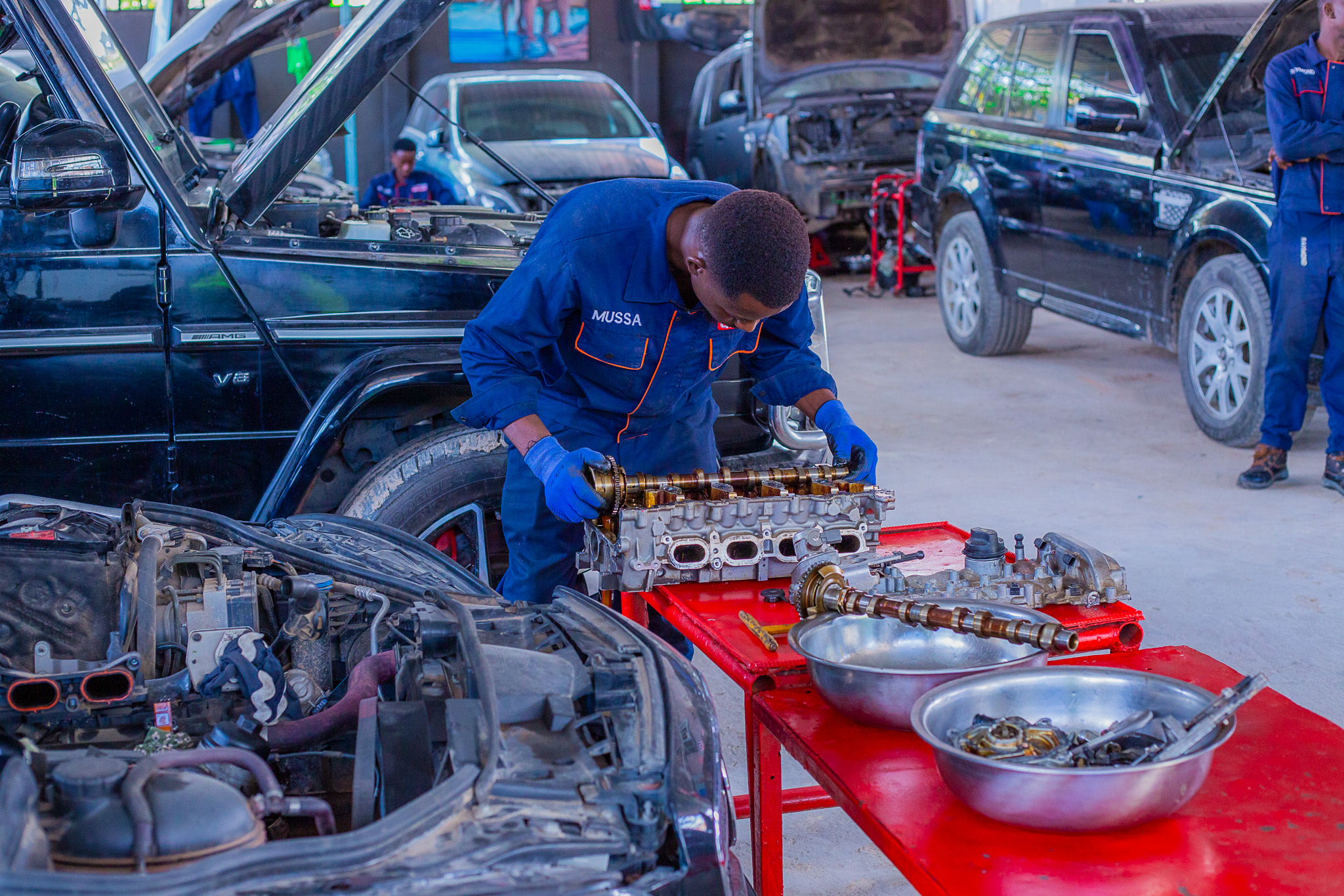 Technician working on an engine overhaul